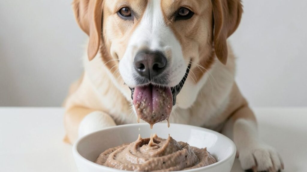 Pes mirno poje mokro hrano iz posode doma
