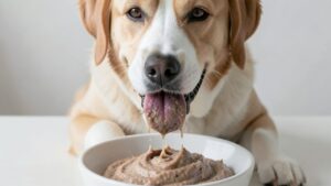 Pes mirno poje mokro hrano iz posode doma