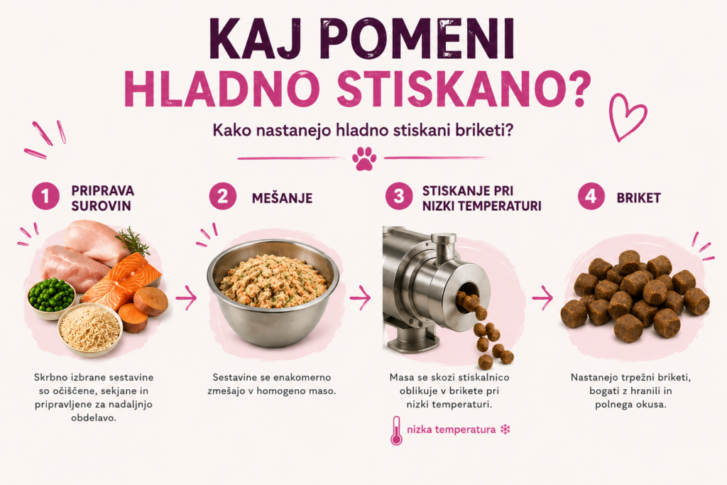 Prikaz postopka izdelave hladno stiskanih briketov za pse od priprave surovin do stiskanja pri nizki temperaturi.