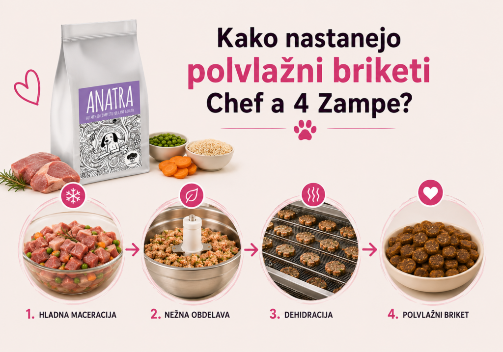 Prikaz Tenderize postopka izdelave polvlažnih briketov Chef a 4 Zampe: hladna maceracija, nežna obdelava, dehidracija in polvlažni briket.